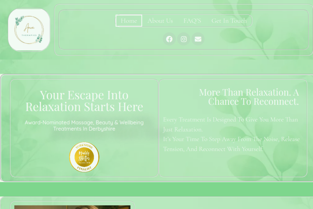 Aura Therapies website homepage, with a green wellbeing design and treatment information