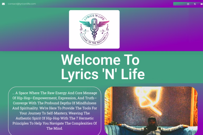Lyrics N Life website homepage with a colourful green and purple design