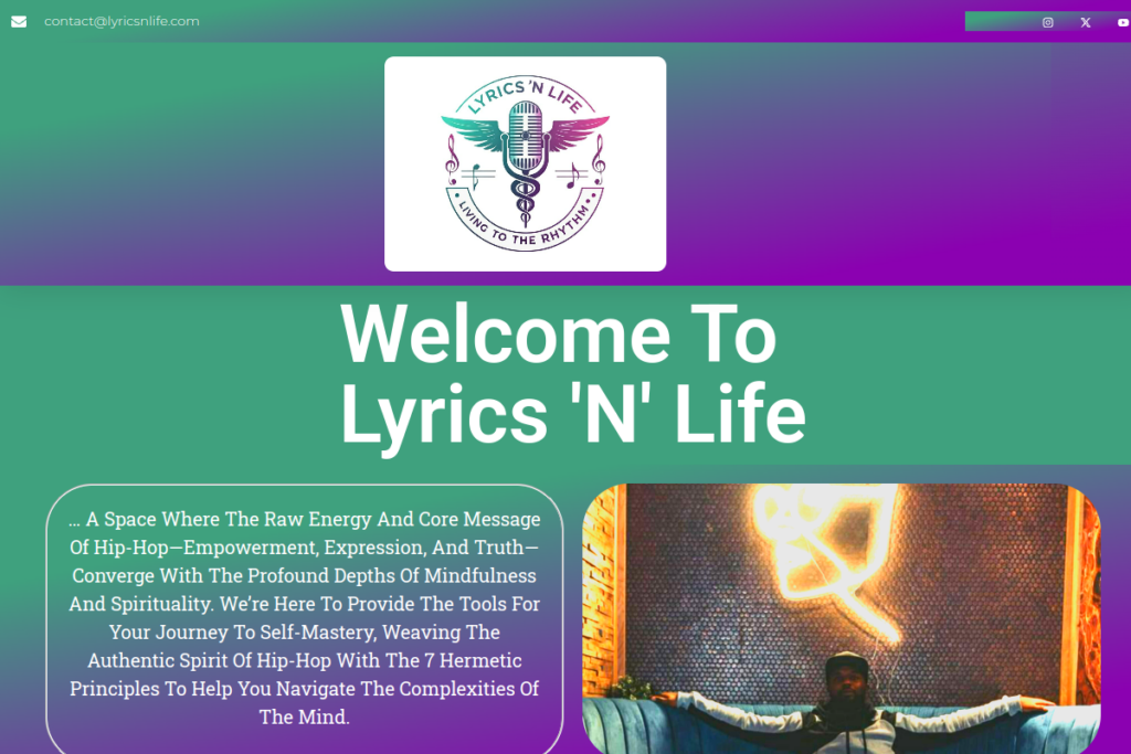 Lyrics N Life website homepage with a colourful green and purple design